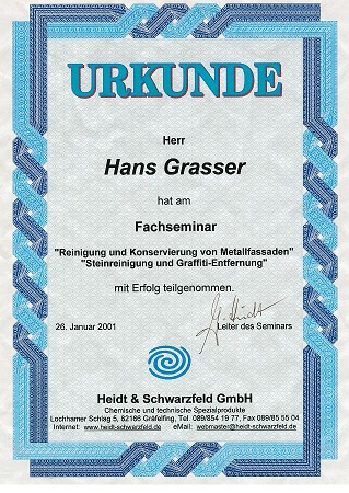 Urkunde über die Teilnahme an einem Fachseminar für Steinreinigung und Graffiti-Entfernung.